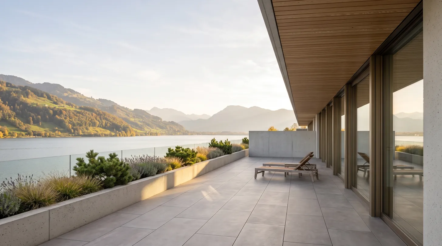Terrace of top-floor home 5.2 looking west over the lake — illustrative visualisation