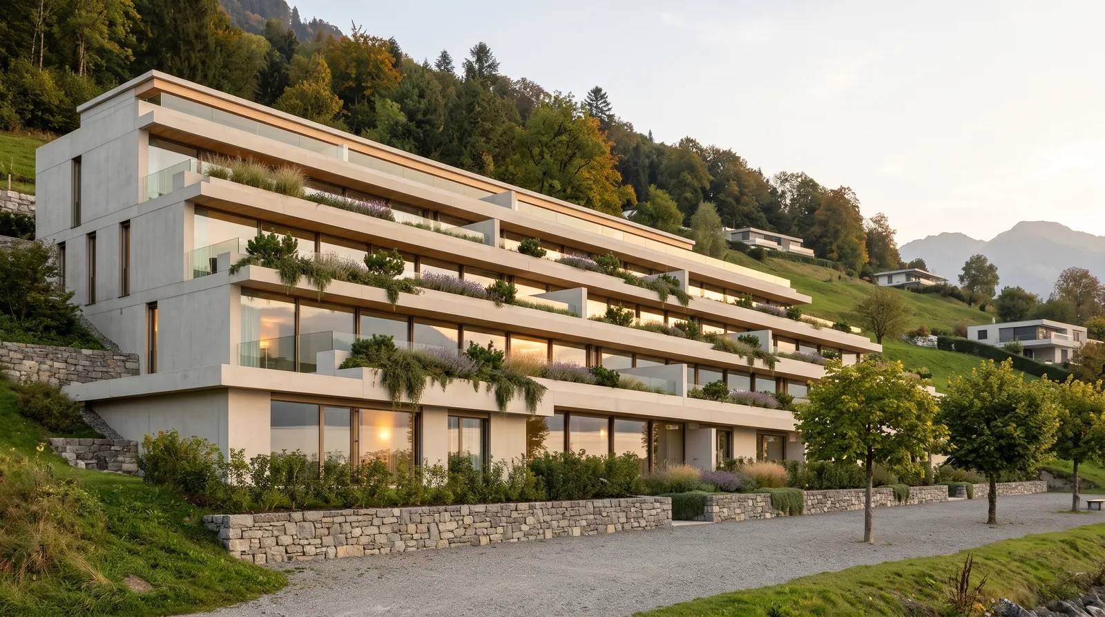 Seravel Terrassen in late-afternoon light: five stepped levels of planted terraces on a hillside above the lake — illustrative visualisation