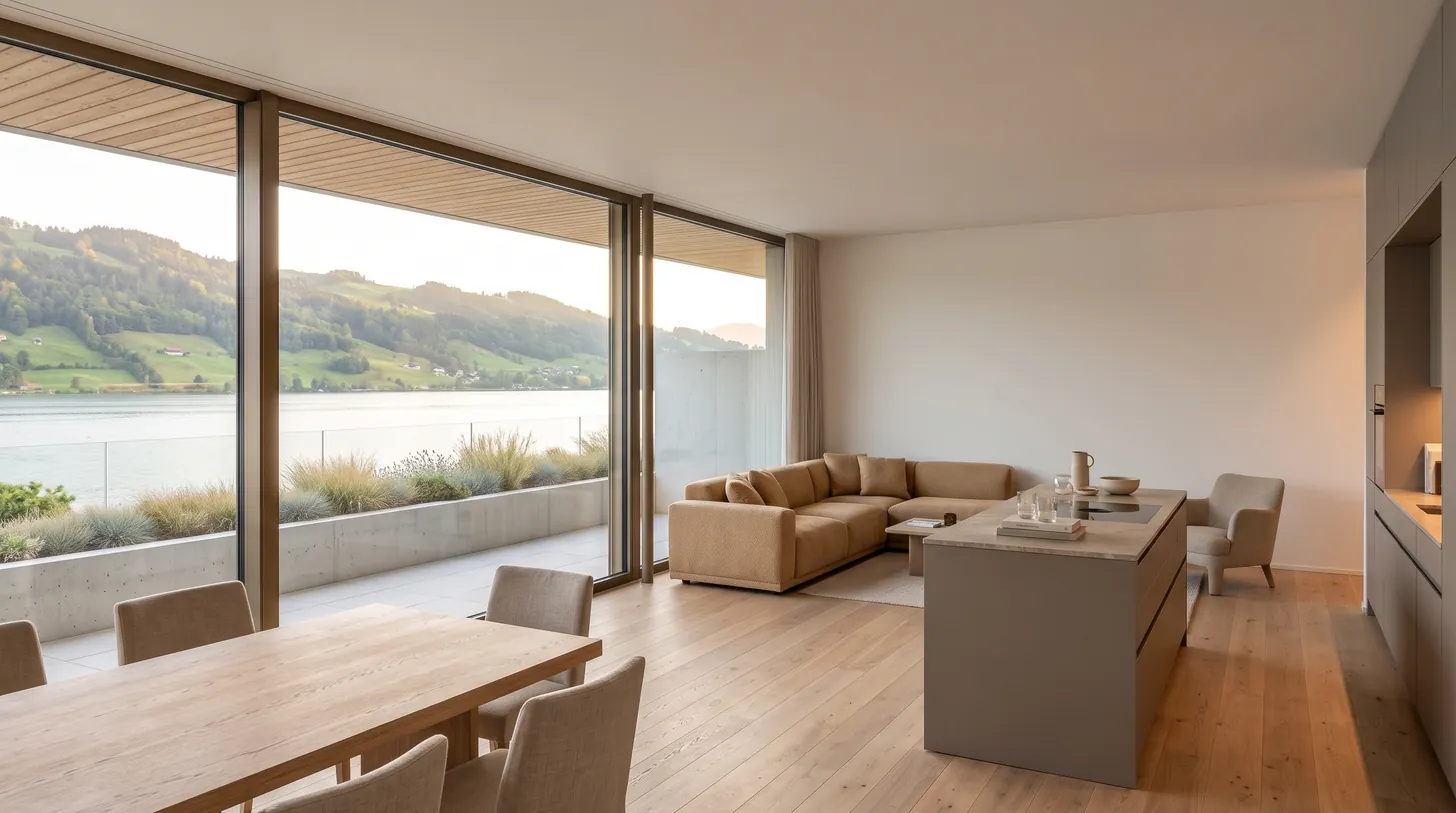 Living area of home 3.2 with floor-to-ceiling glazing, terrace and lake view — illustrative visualisation